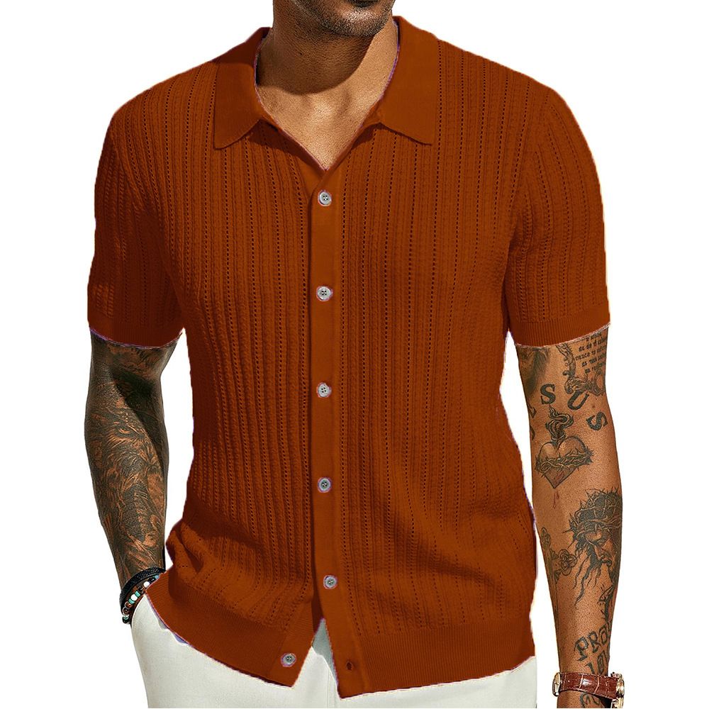 Summer new men's short-sleeved shirt solid color cool knitted men's hollow breathable men's top is suitable for daily leisure commuting.