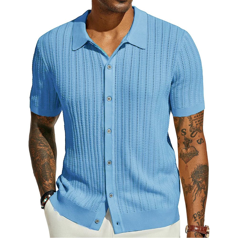 Summer new men's short-sleeved shirt solid color cool knitted men's hollow breathable men's top is suitable for daily leisure commuting.