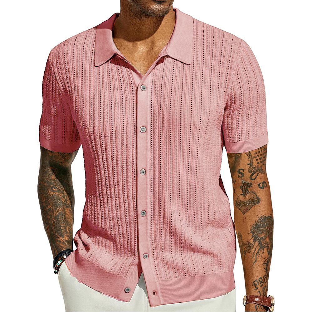 Summer new men's short-sleeved shirt solid color cool knitted men's hollow breathable men's top is suitable for daily leisure commuting.