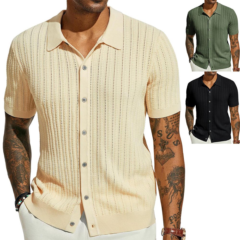 Summer new men's short-sleeved shirt solid color cool knitted men's hollow breathable men's top is suitable for daily leisure commuting.