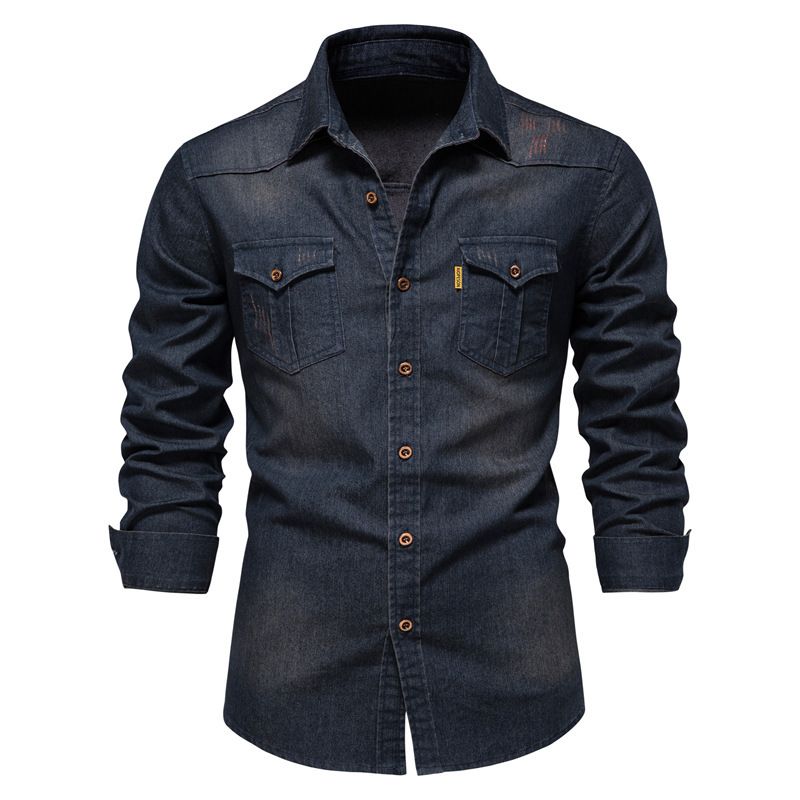Autumn new men's long-sleeved denim shirt solid color casual men's long-sleeved shirt top is suitable for daily leisure commuting business wear.