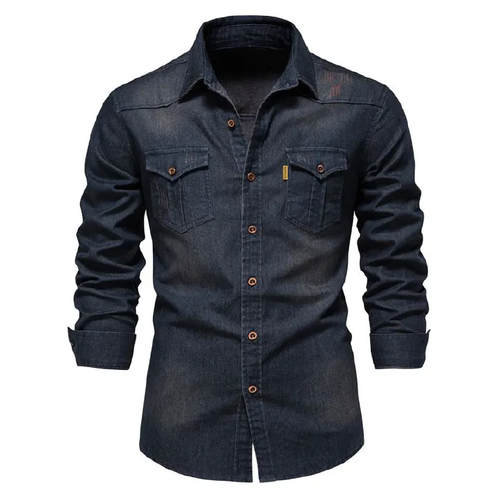 Autumn new men's long-sleeved denim shirt solid color casual men's long-sleeved shirt top is suitable for daily leisure commuting business wear.