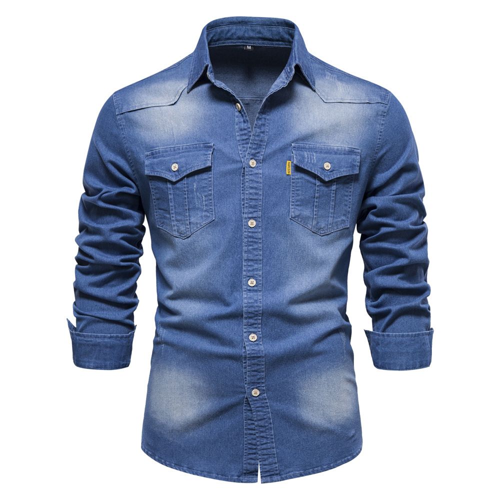 Autumn new men's long-sleeved denim shirt solid color casual men's long-sleeved shirt top is suitable for daily leisure commuting business wear.