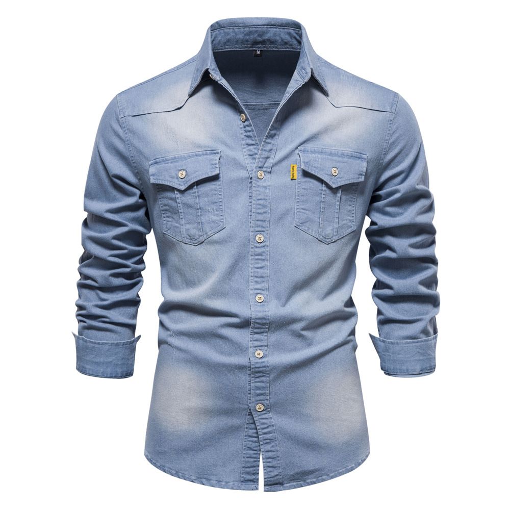 Autumn new men's long-sleeved denim shirt solid color casual men's long-sleeved shirt top is suitable for daily leisure commuting business wear.