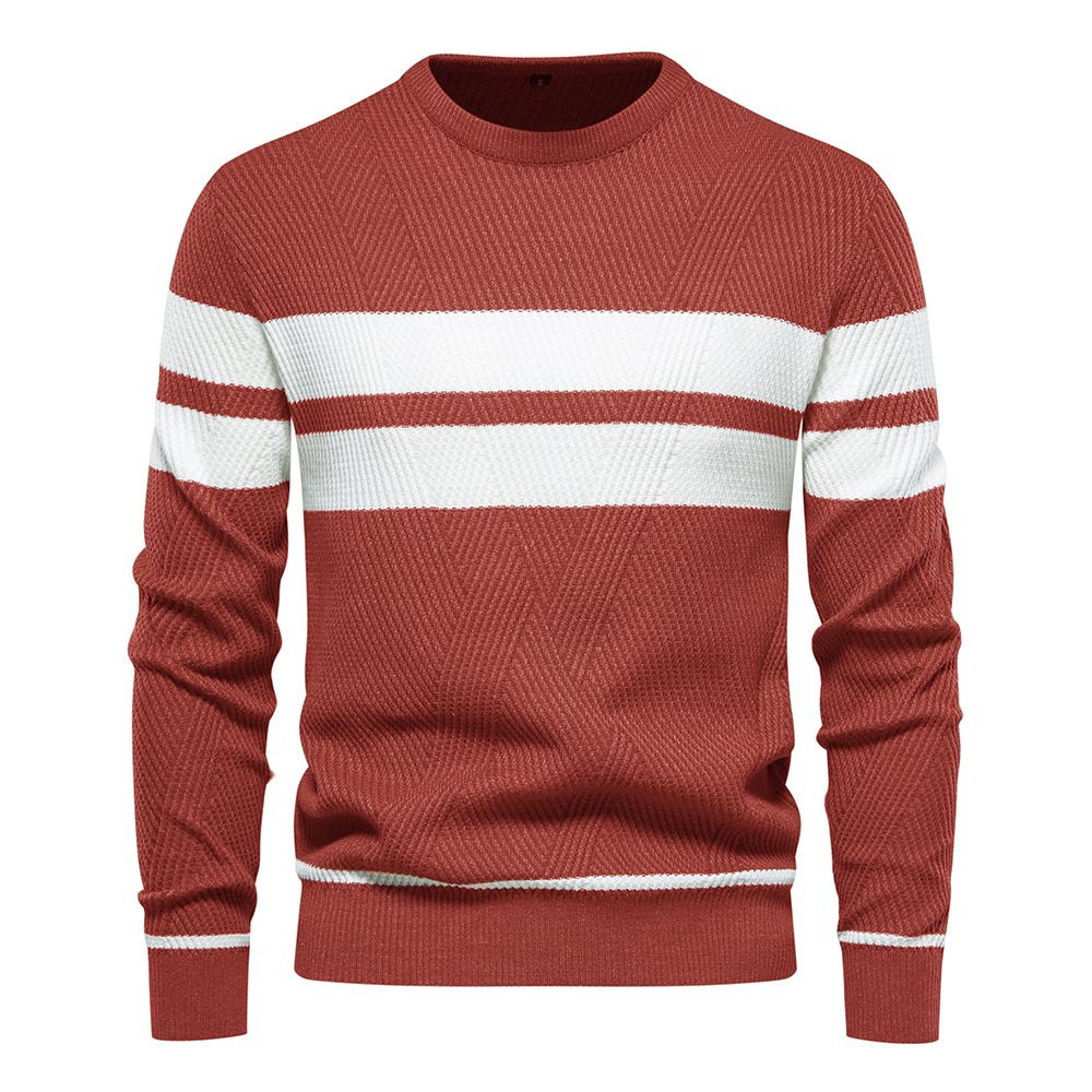 Autumn and winter new men's sweater color matching striped pullover round neck casual long-sleeved sweater is suitable for daily leisure commuting business wear.