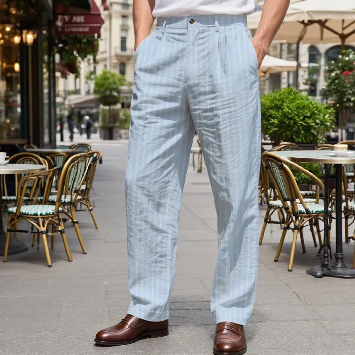 Spring and autumn new men's trousers linen stripe casual business Joker casual loose straight-through trousers are suitable for daily leisure commuting business wear.