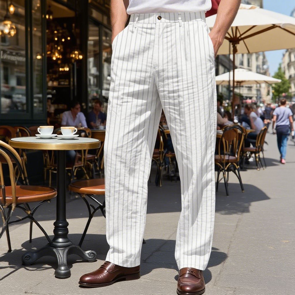 Spring and autumn new men's trousers linen stripe casual business Joker casual loose straight-through trousers are suitable for daily leisure commuting business wear.