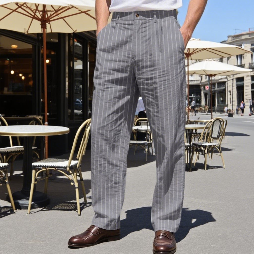 Spring and autumn new men's trousers linen stripe casual business Joker casual loose straight-through trousers are suitable for daily leisure commuting business wear.