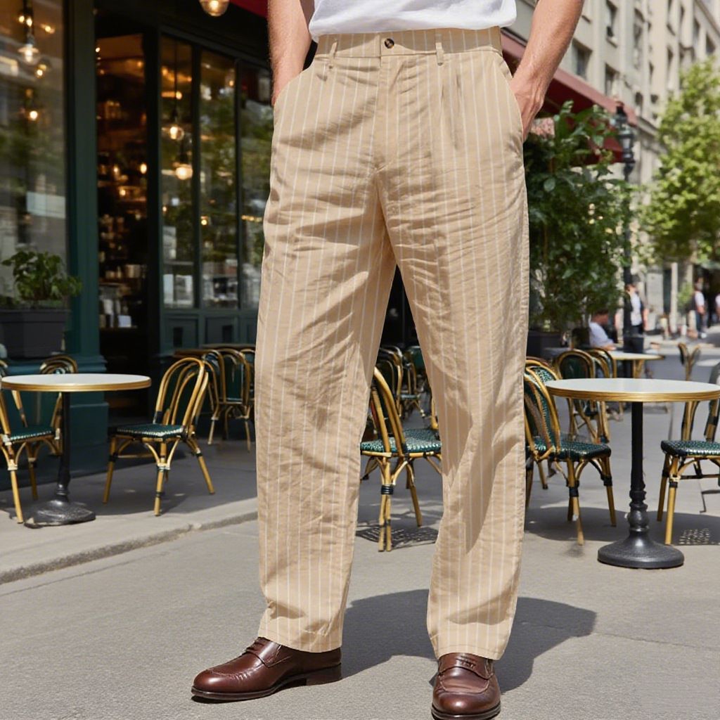 Spring and autumn new men's trousers linen stripe casual business Joker casual loose straight-through trousers are suitable for daily leisure commuting business wear.
