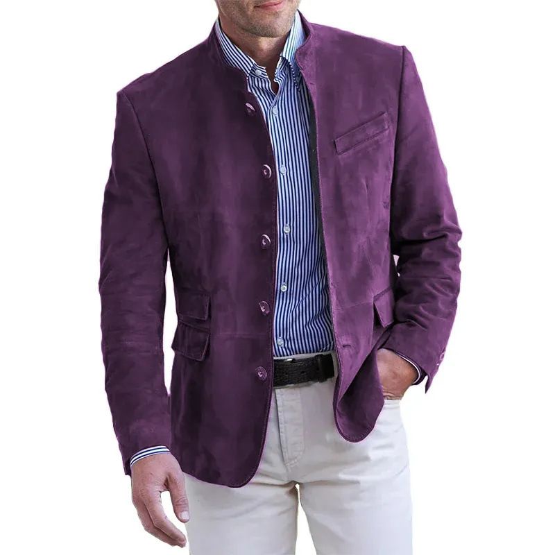 Autumn and winter new men's suit jacket fashion solid color collar retro casual suede suit jacket suitable for daily leisure commuting business wear.