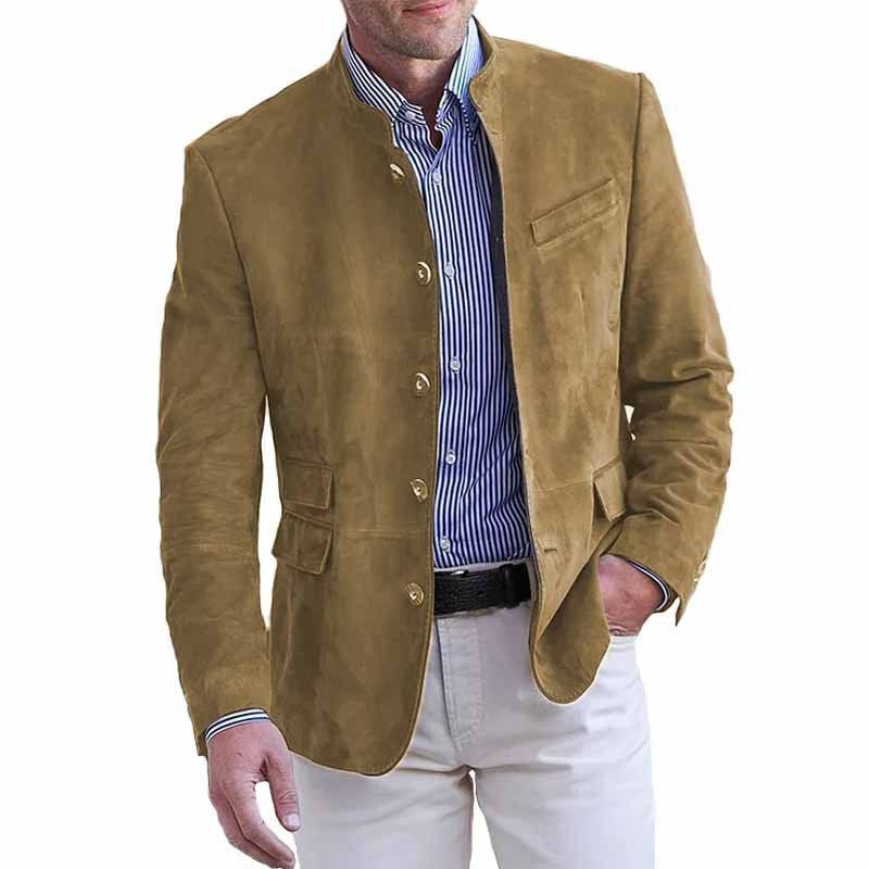 Autumn and winter new men's suit jacket fashion solid color collar retro casual suede suit jacket suitable for daily leisure commuting business wear.