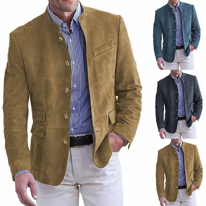 Autumn and winter new men's suit jacket fashion solid color collar retro casual suede suit jacket suitable for daily leisure commuting business wear.