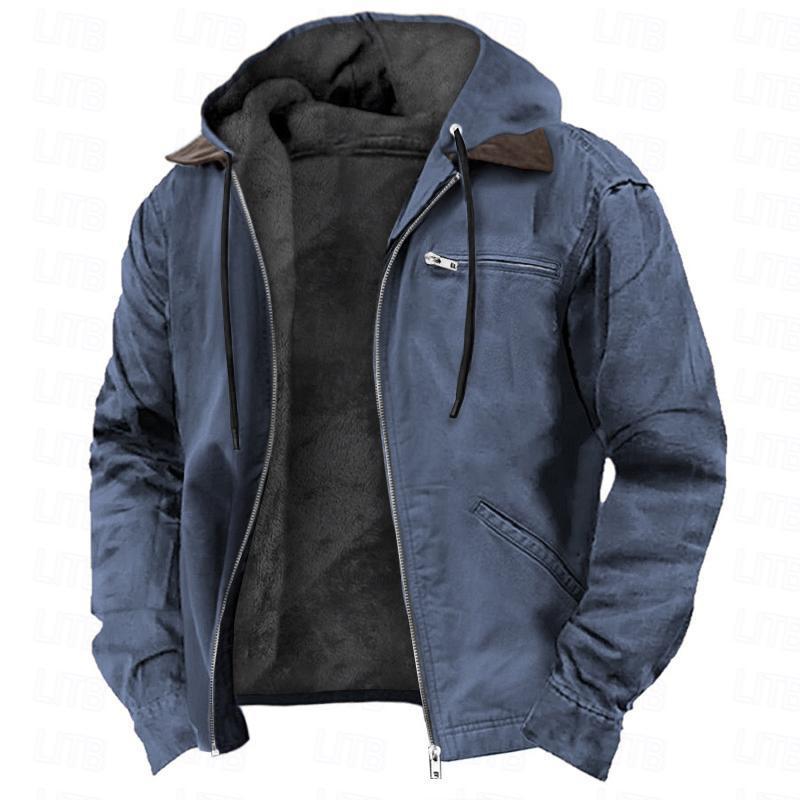 Autumn and winter new men's hooded cotton-padded jacket leisure plus velvet zipper pocket jacket coat is suitable for daily leisure commuting outdoor wear.