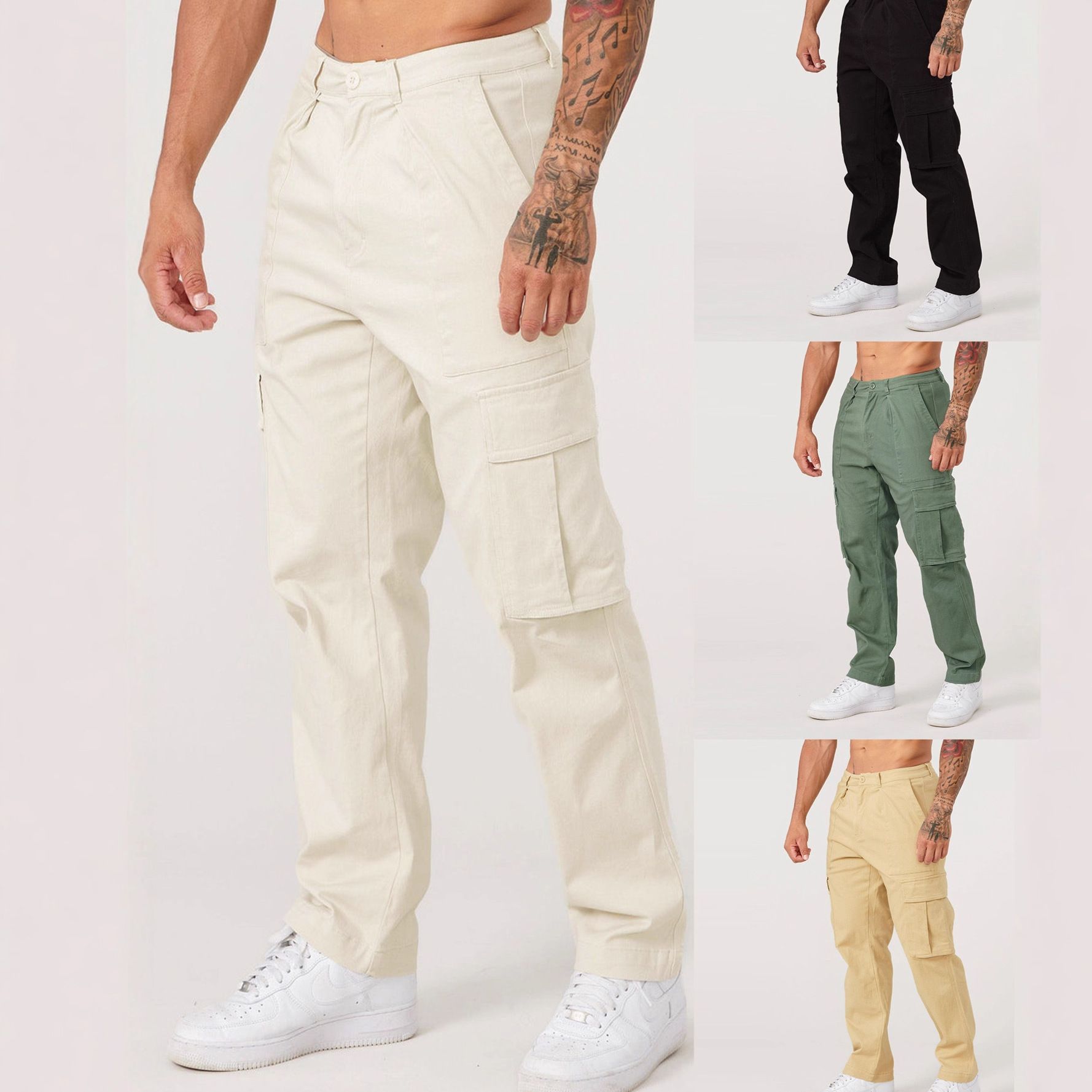New men's trousers stitching solid color big pocket tooling trousers men's autumn leisure sports loose feet pants suitable for daily leisure commuting outdoor sports wear.