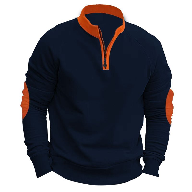 Autumn and winter new men's sweater color matching leisure plus velvet collar pullover half zipper long sleeve coat suitable for daily leisure commuting outdoor sports wear.