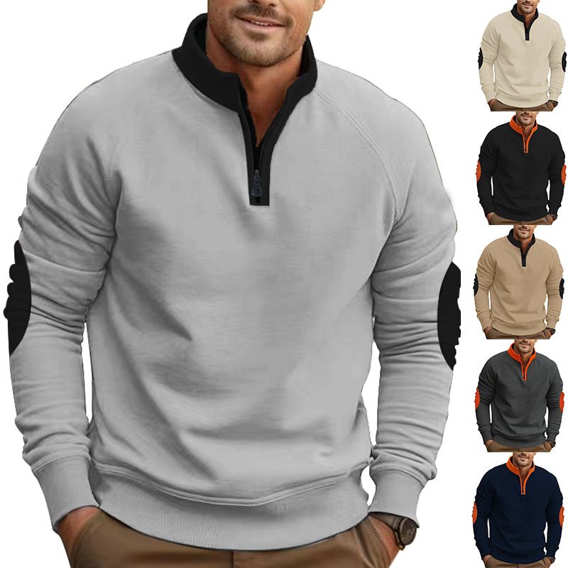 Autumn and winter new men's sweater color matching leisure plus velvet collar pullover half zipper long sleeve coat suitable for daily leisure commuting outdoor sports wear.