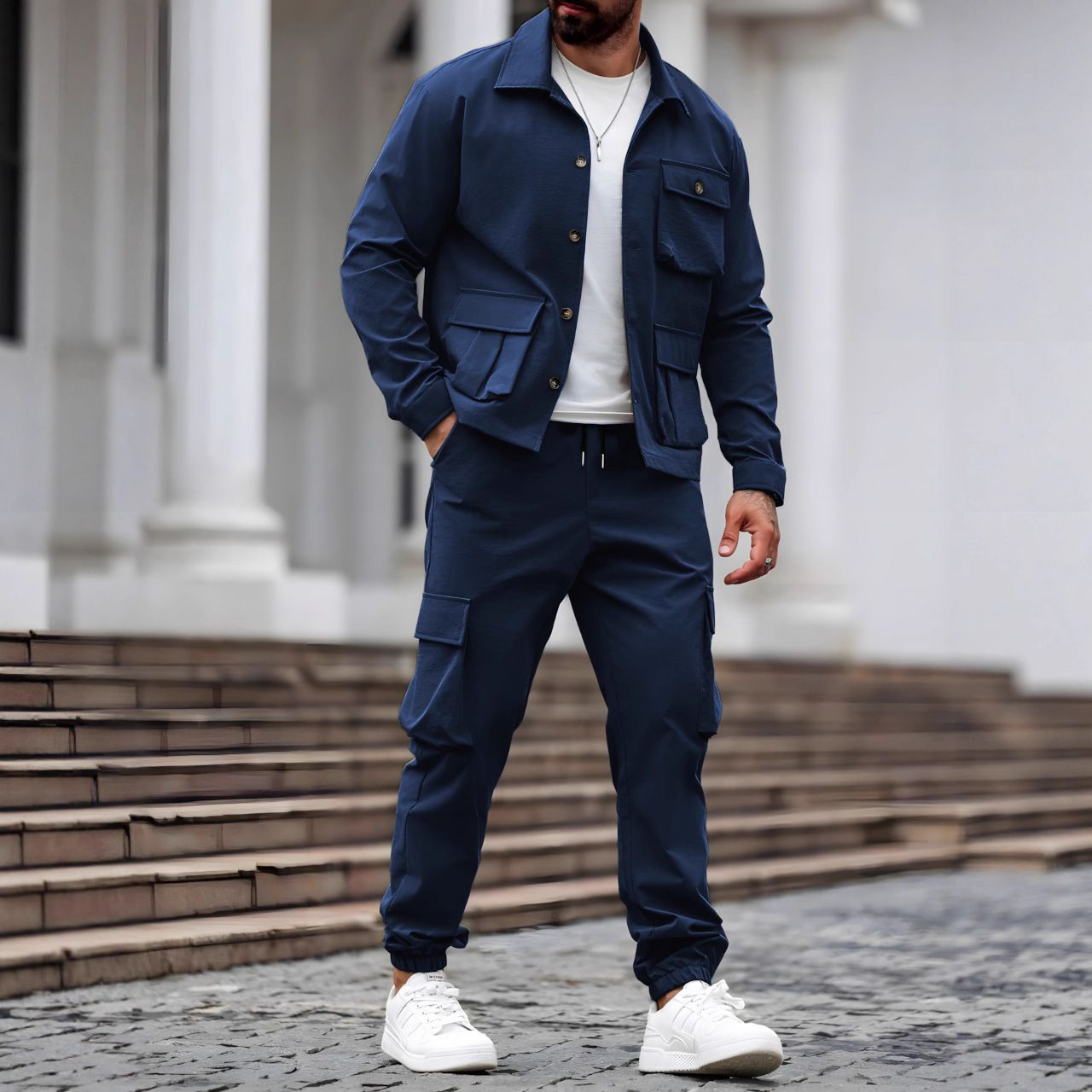 Autumn new men's two-piece fashion retro tooling jacket long sleeve lapel coat casual multi-pocket overalls trousers suit is suitable for daily leisure commuting business outdoor sports wear.