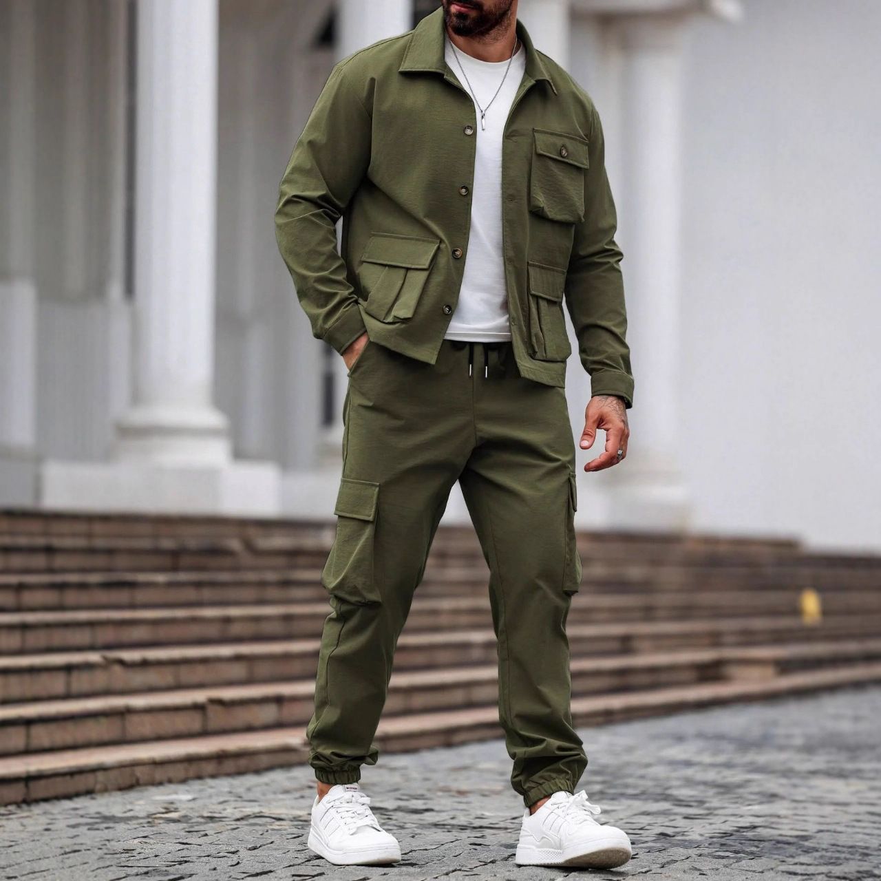Autumn new men's two-piece fashion retro tooling jacket long sleeve lapel coat casual multi-pocket overalls trousers suit is suitable for daily leisure commuting business outdoor sports wear.