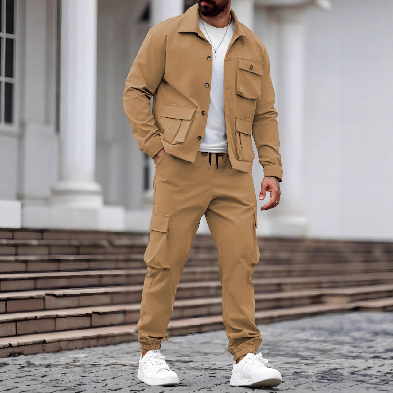 Autumn new men's two-piece fashion retro tooling jacket long sleeve lapel coat casual multi-pocket overalls trousers suit is suitable for daily leisure commuting business outdoor sports wear.