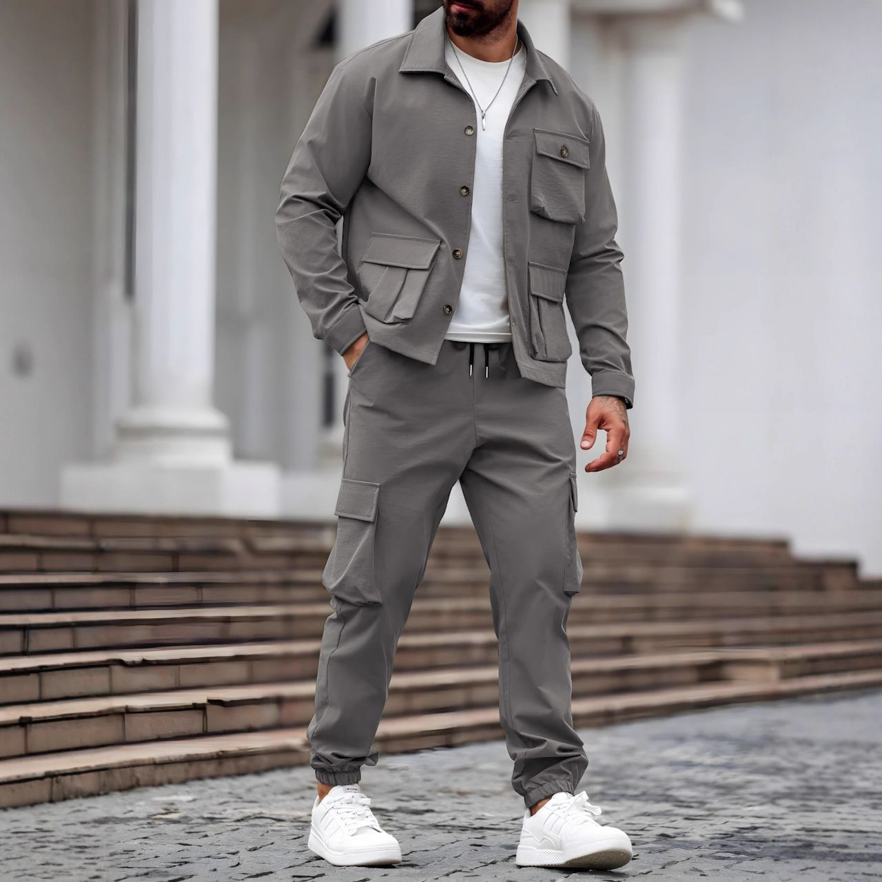 Autumn new men's two-piece fashion retro tooling jacket long sleeve lapel coat casual multi-pocket overalls trousers suit is suitable for daily leisure commuting business outdoor sports wear.