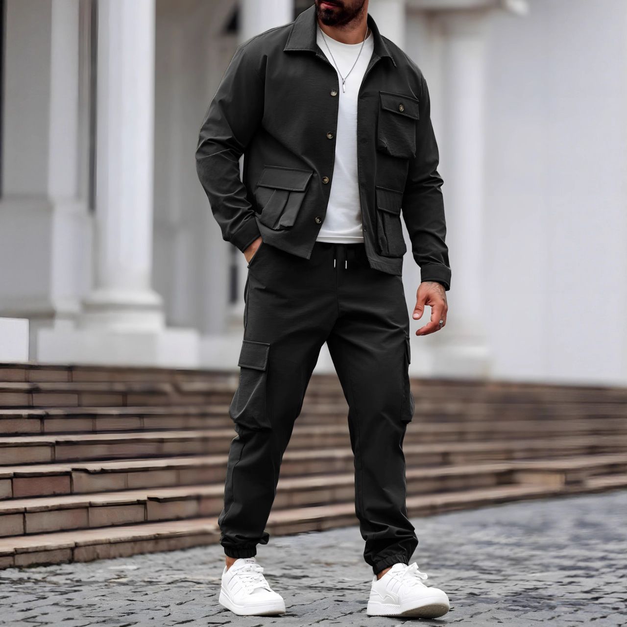 Autumn new men's two-piece fashion retro tooling jacket long sleeve lapel coat casual multi-pocket overalls trousers suit is suitable for daily leisure commuting business outdoor sports wear.