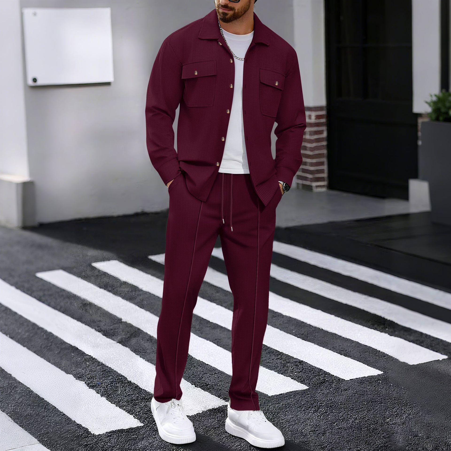 Autumn new men's two-piece solid color Waffle long-sleeved lapel button-down shirt jacket casual trousers suit is suitable for daily leisure, commuting, business and outdoor sports.