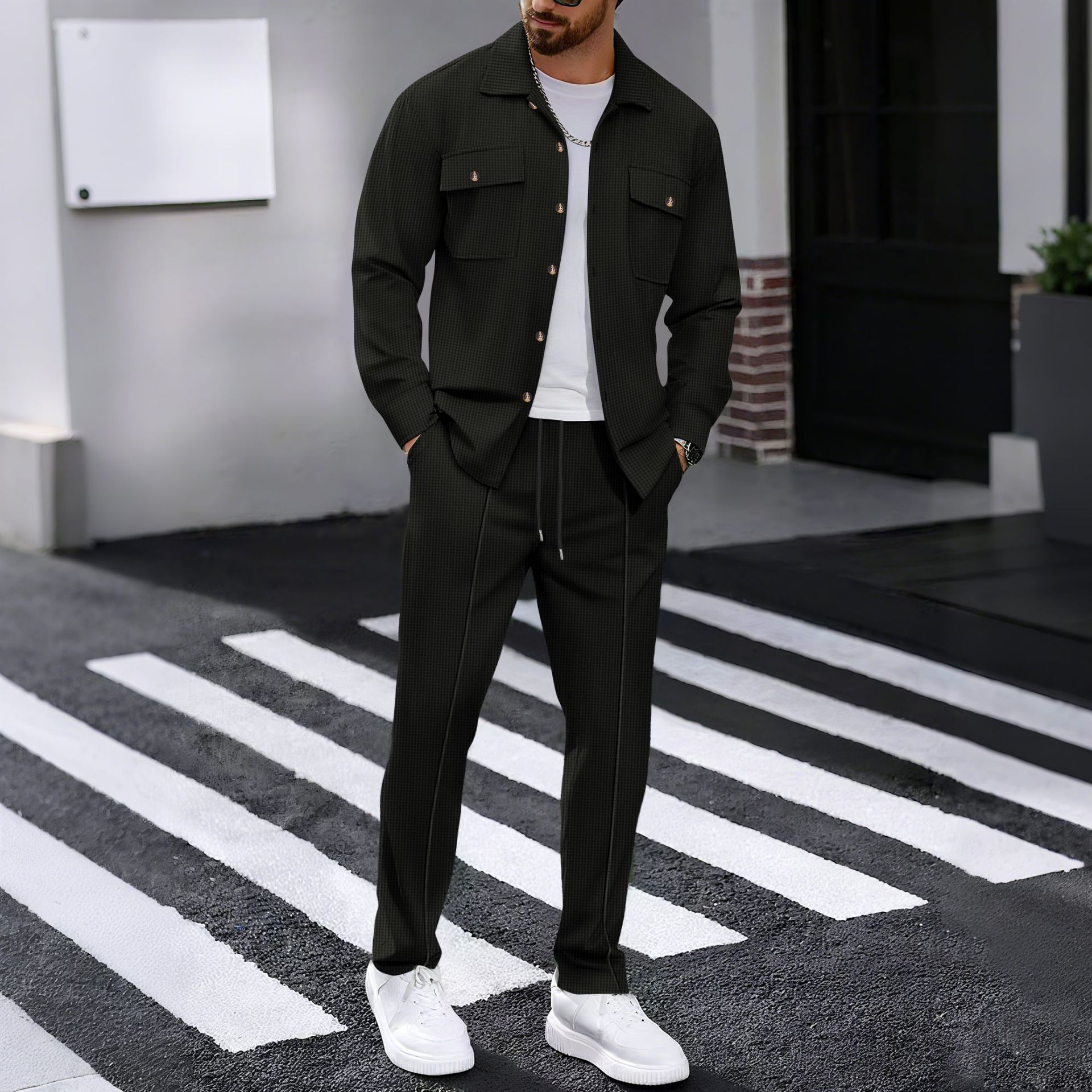 Autumn new men's two-piece solid color Waffle long-sleeved lapel button-down shirt jacket casual trousers suit is suitable for daily leisure, commuting, business and outdoor sports.
