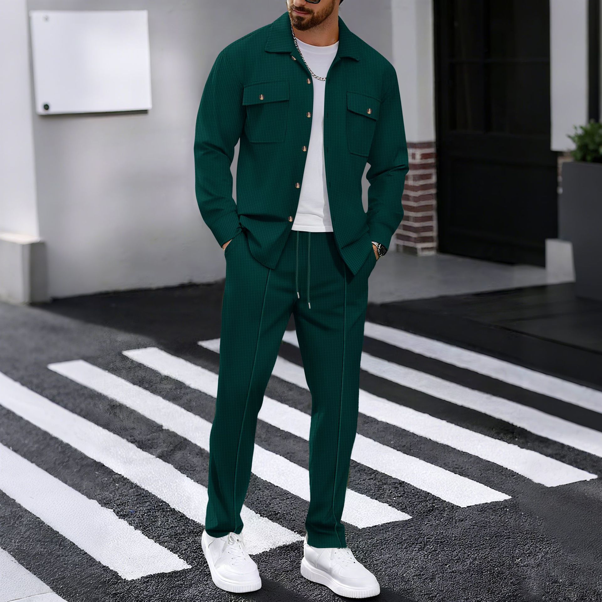 Autumn new men's two-piece solid color Waffle long-sleeved lapel button-down shirt jacket casual trousers suit is suitable for daily leisure, commuting, business and outdoor sports.
