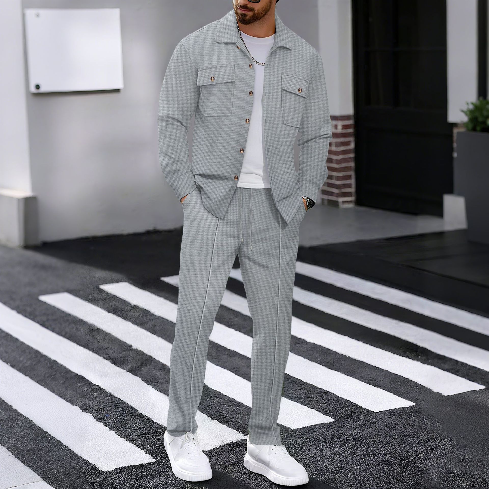 Autumn new men's two-piece solid color Waffle long-sleeved lapel button-down shirt jacket casual trousers suit is suitable for daily leisure, commuting, business and outdoor sports.