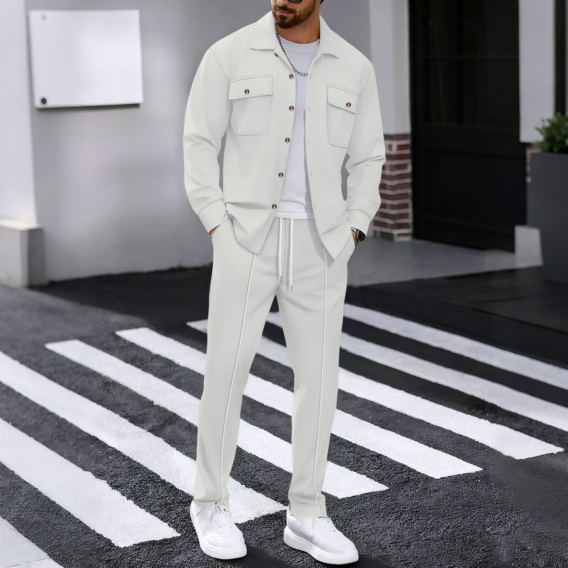 Autumn new men's two-piece solid color Waffle long-sleeved lapel button-down shirt jacket casual trousers suit is suitable for daily leisure, commuting, business and outdoor sports.