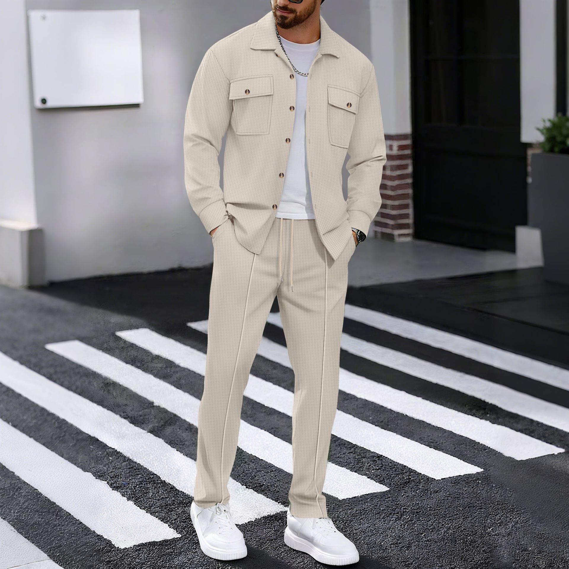 Autumn new men's two-piece solid color Waffle long-sleeved lapel button-down shirt jacket casual trousers suit is suitable for daily leisure, commuting, business and outdoor sports.