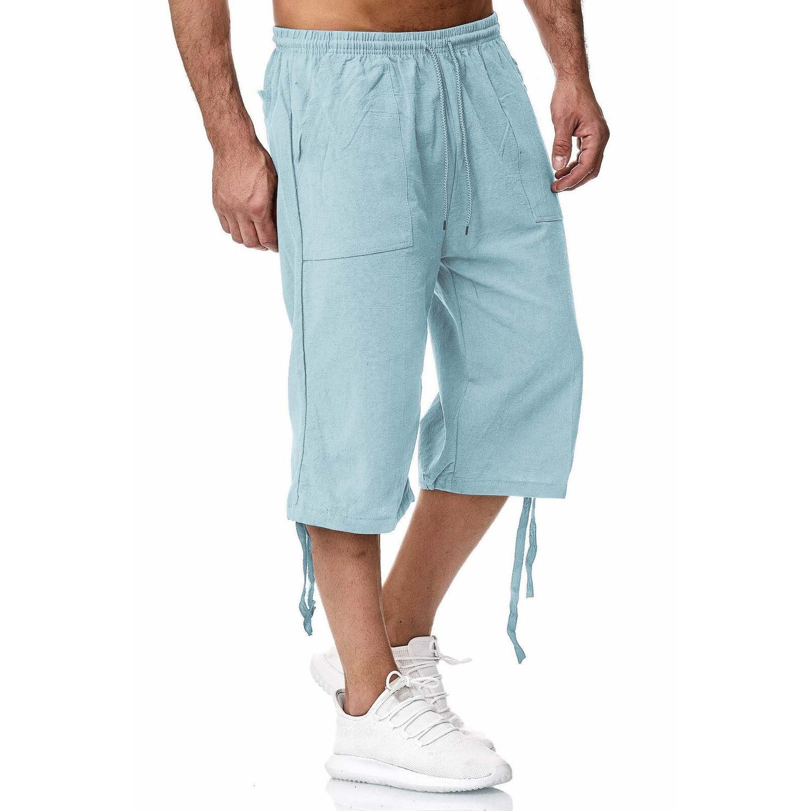 Summer new men's shorts casual solid color cotton and linen breathable lace-up cropped trousers suitable for daily leisure commuting outdoor sports wear.