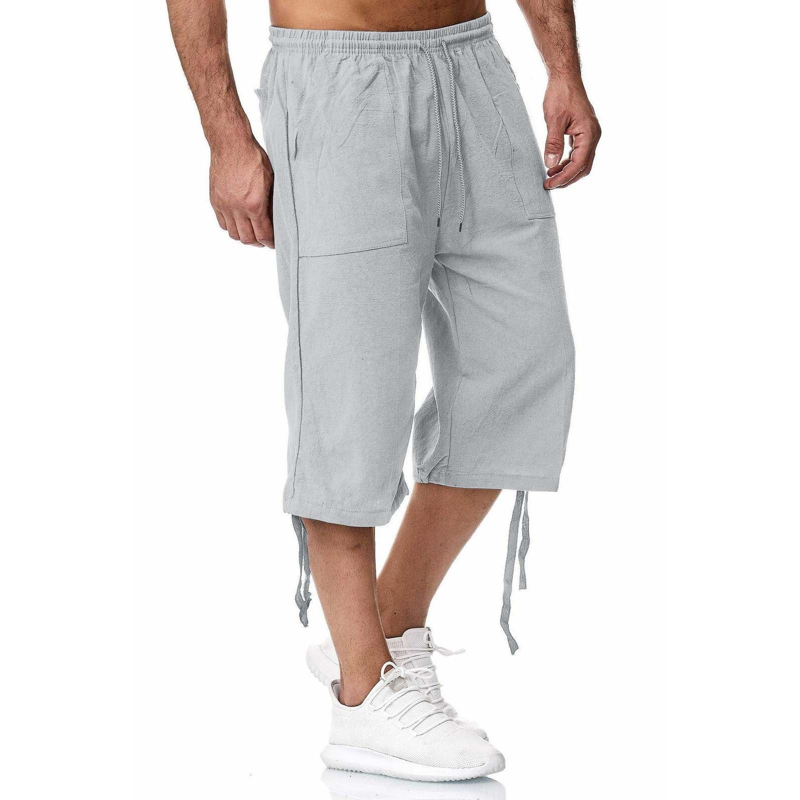 Summer new men's shorts casual solid color cotton and linen breathable lace-up cropped trousers suitable for daily leisure commuting outdoor sports wear.