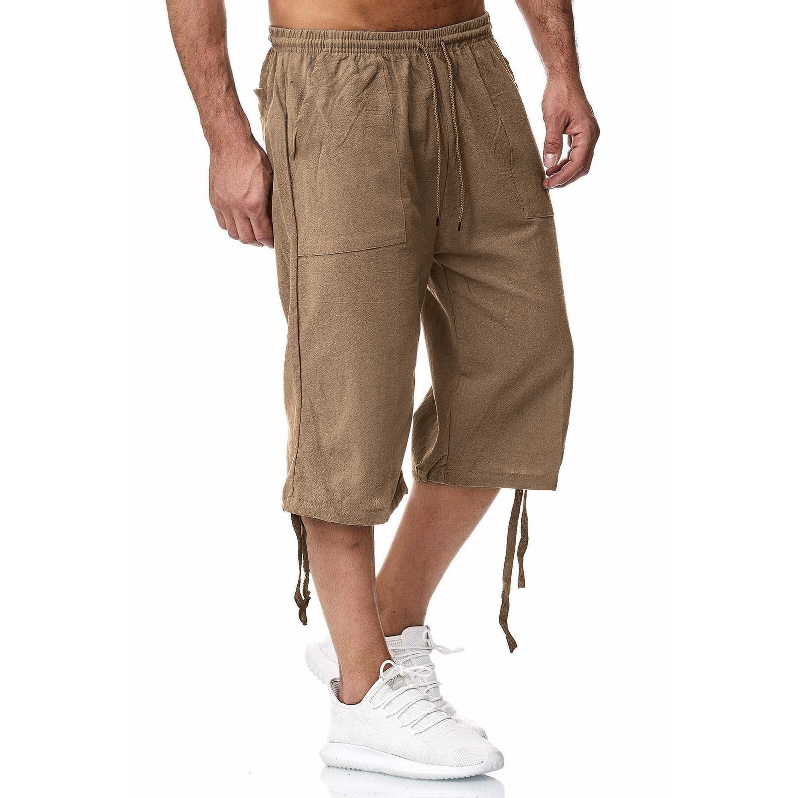 Summer new men's shorts casual solid color cotton and linen breathable lace-up cropped trousers suitable for daily leisure commuting outdoor sports wear.