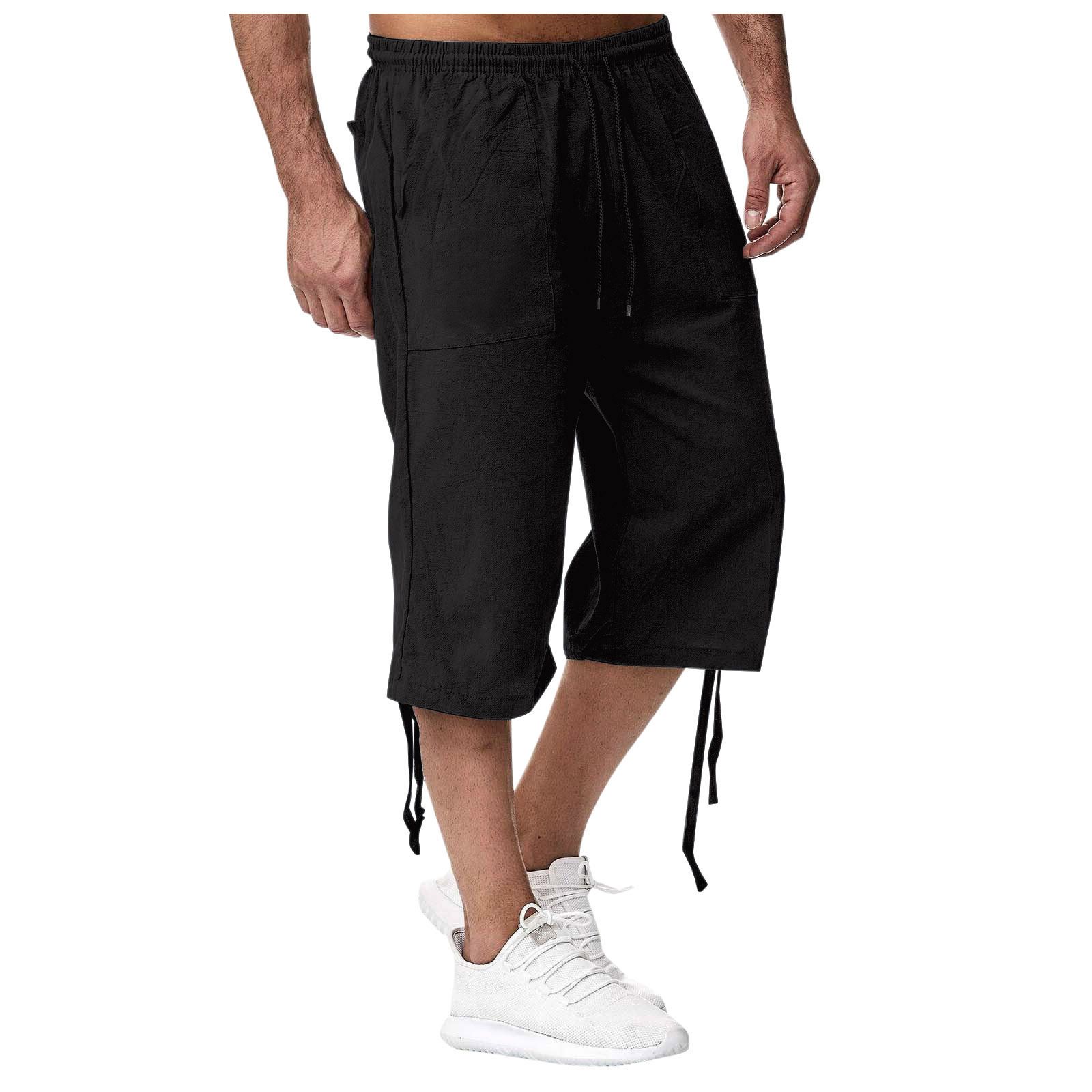 Summer new men's shorts casual solid color cotton and linen breathable lace-up cropped trousers suitable for daily leisure commuting outdoor sports wear.