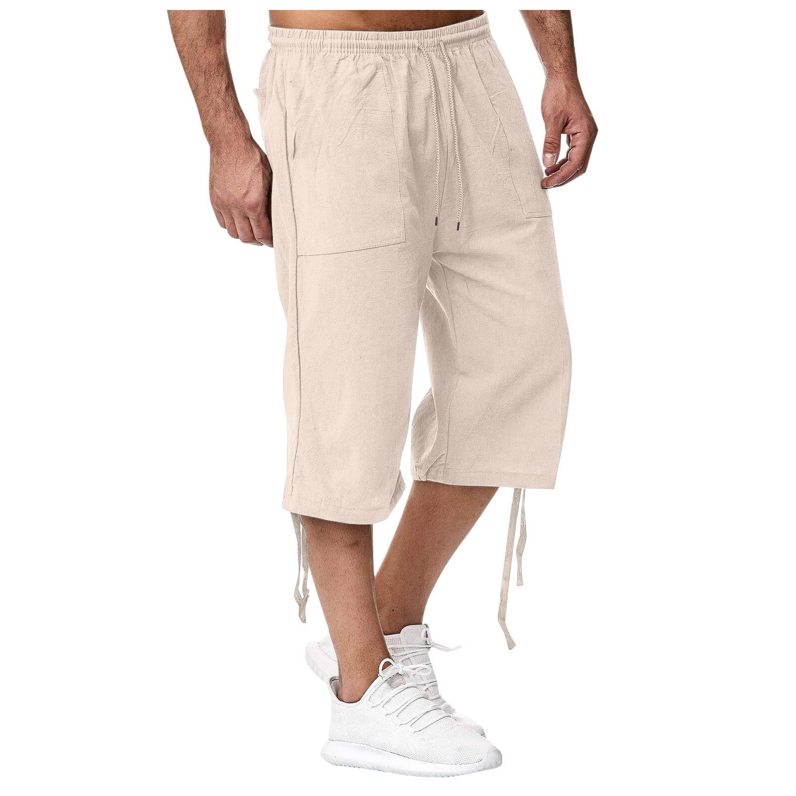 Summer new men's shorts casual solid color cotton and linen breathable lace-up cropped trousers suitable for daily leisure commuting outdoor sports wear.
