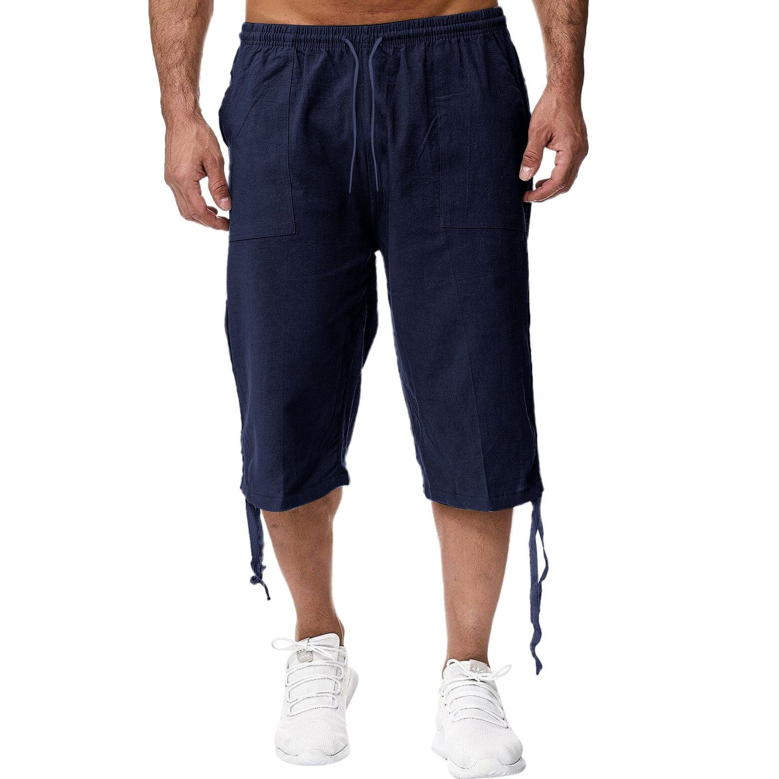 Summer new men's shorts casual solid color cotton and linen breathable lace-up cropped trousers suitable for daily leisure commuting outdoor sports wear.