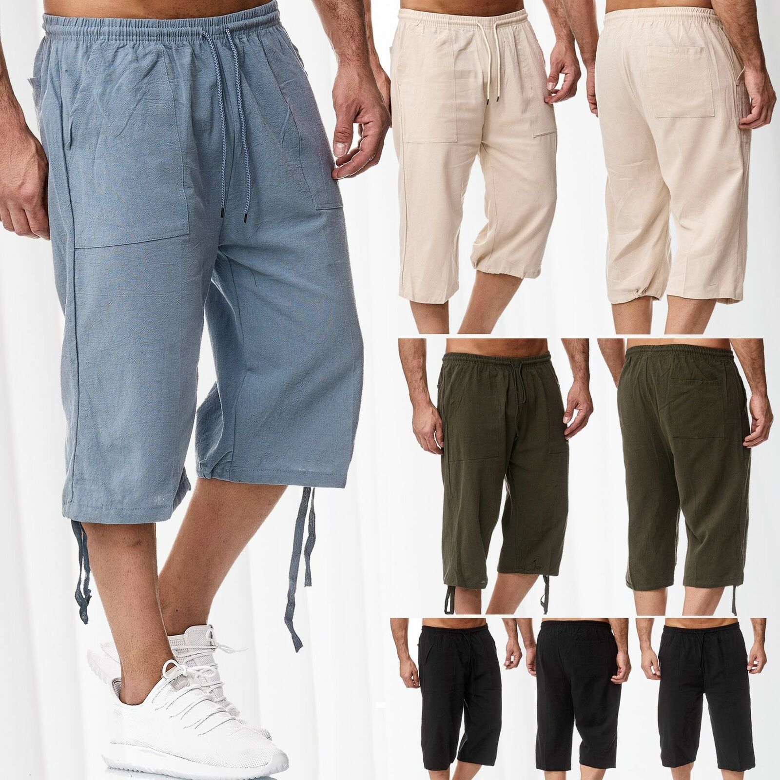 Summer new men's shorts casual solid color cotton and linen breathable lace-up cropped trousers suitable for daily leisure commuting outdoor sports wear.