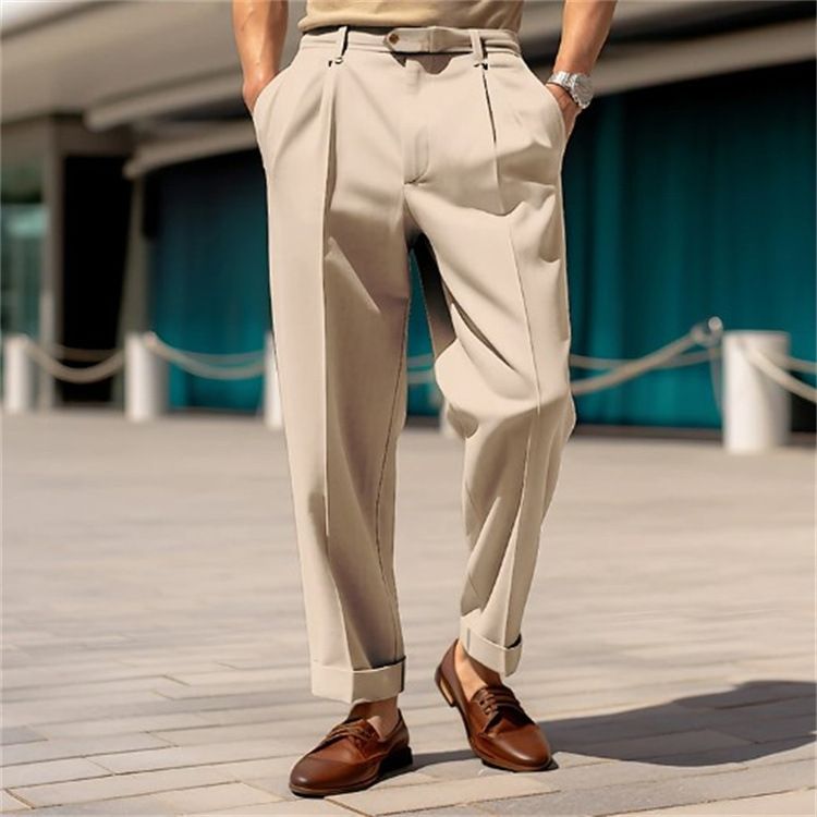 New men's trousers suit waist button straight solid color comfortable fashion trousers casual pants suitable for daily leisure commuting business wear.