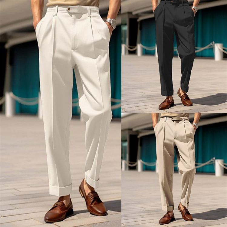 New men's trousers suit waist button straight solid color comfortable fashion trousers casual pants suitable for daily leisure commuting business wear.