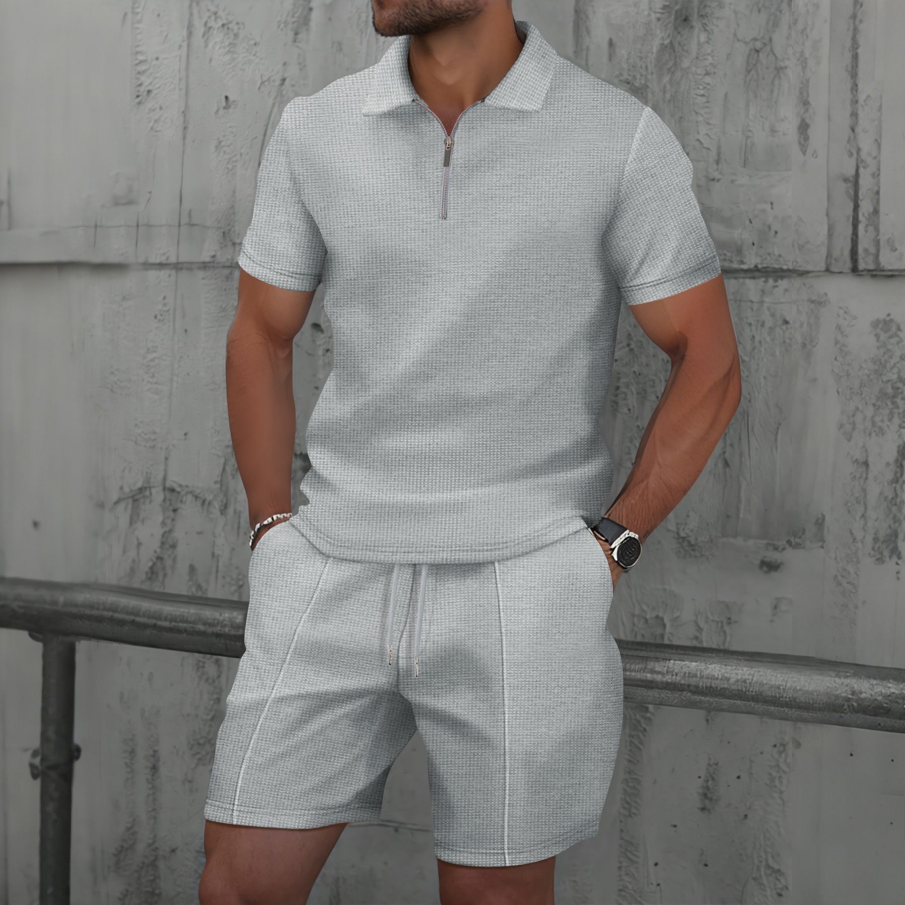 Summer new men's two-piece suit with solid color, short sleeve lapel and semi-zipper top, casual loose shorts and casual suit is suitable for daily leisure commuting and outdoor sports.
