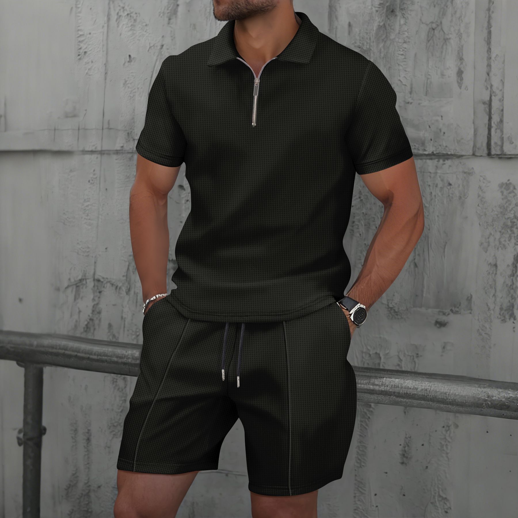 Summer new men's two-piece suit with solid color, short sleeve lapel and semi-zipper top, casual loose shorts and casual suit is suitable for daily leisure commuting and outdoor sports.