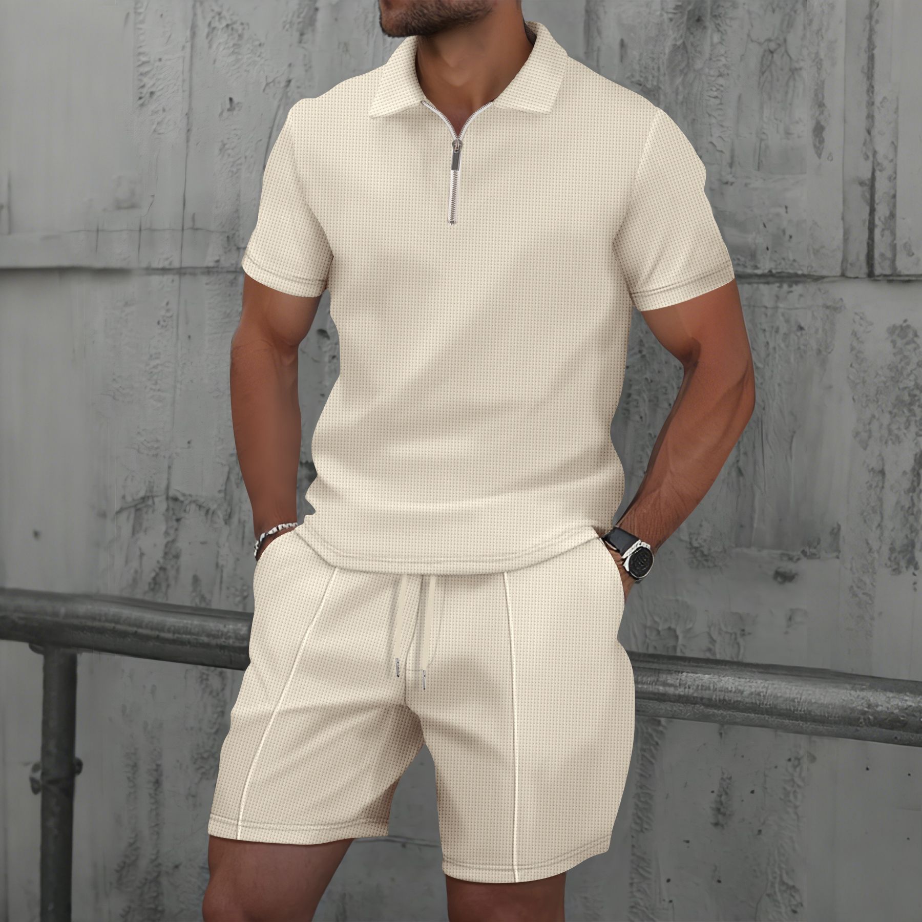 Summer new men's two-piece suit with solid color, short sleeve lapel and semi-zipper top, casual loose shorts and casual suit is suitable for daily leisure commuting and outdoor sports.