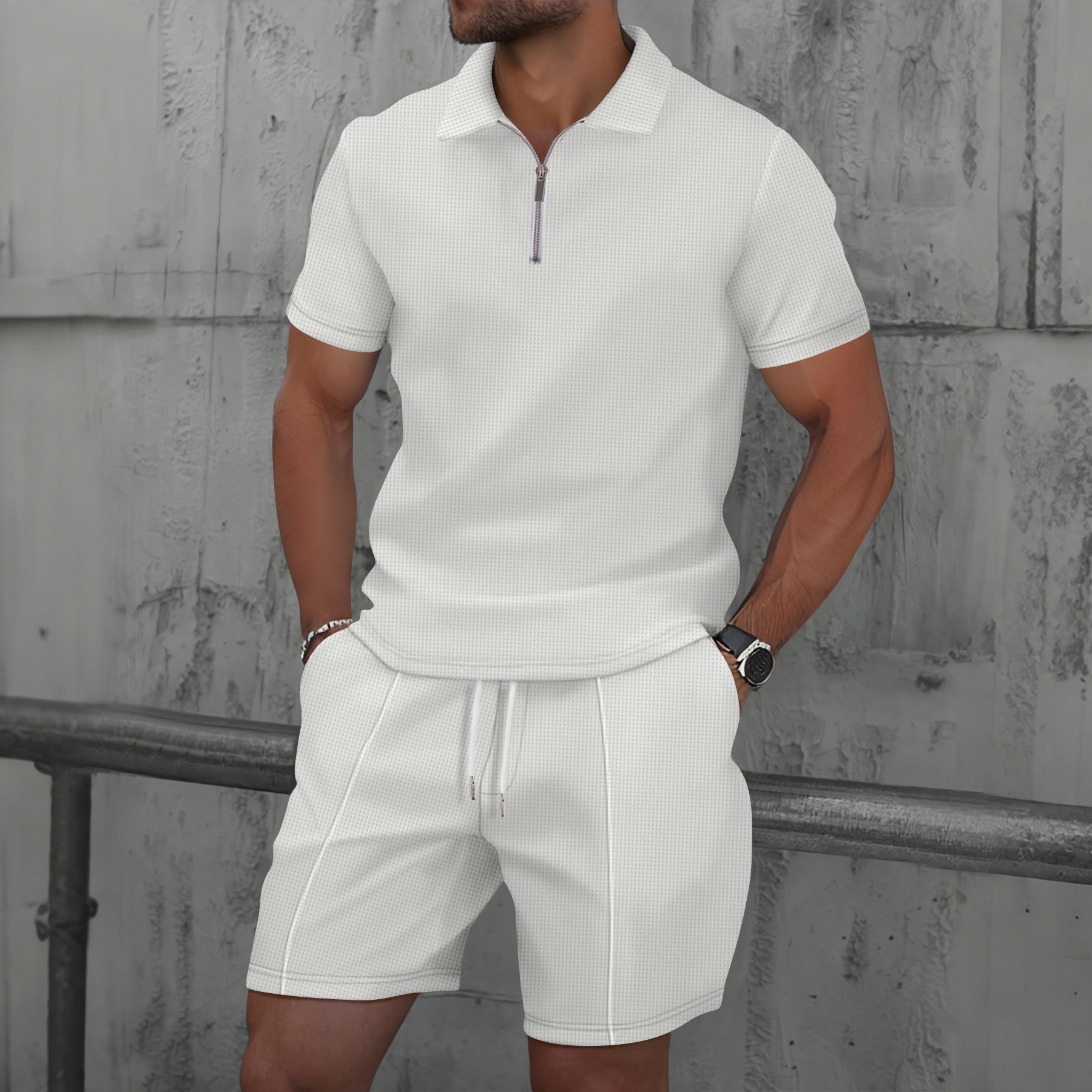 Summer new men's two-piece suit with solid color, short sleeve lapel and semi-zipper top, casual loose shorts and casual suit is suitable for daily leisure commuting and outdoor sports.