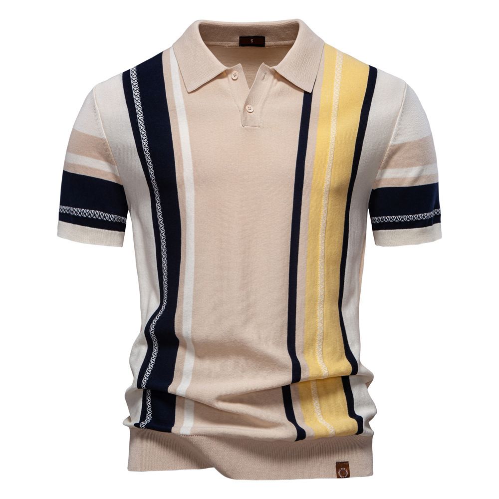 Summer new men's short sleeve T-shirt casual breathable wool striped color matching lapel POLO shirt suitable for daily leisure commuting business wear.