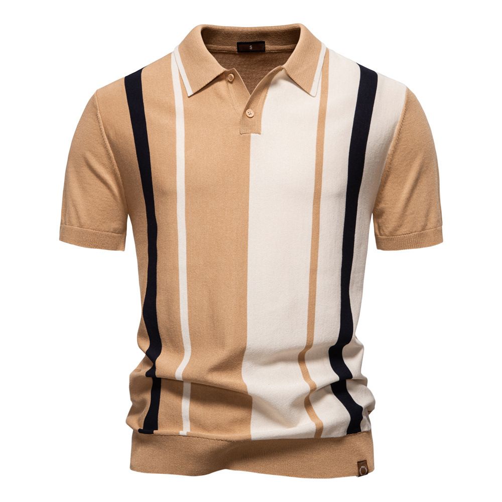 Summer new men's short sleeve T-shirt casual breathable wool striped color matching lapel POLO shirt suitable for daily leisure commuting business wear.