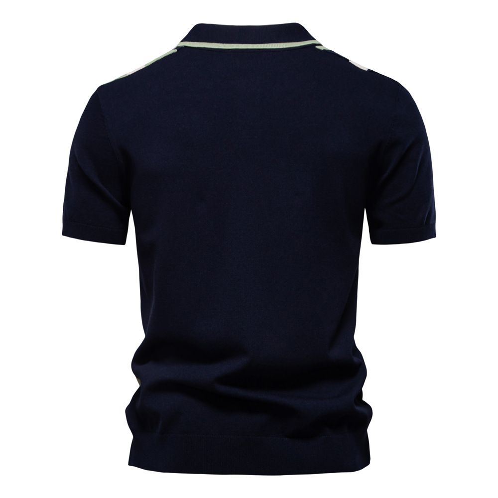 Summer new men's short sleeve T-shirt casual breathable wool striped color matching lapel POLO shirt suitable for daily leisure commuting business wear.