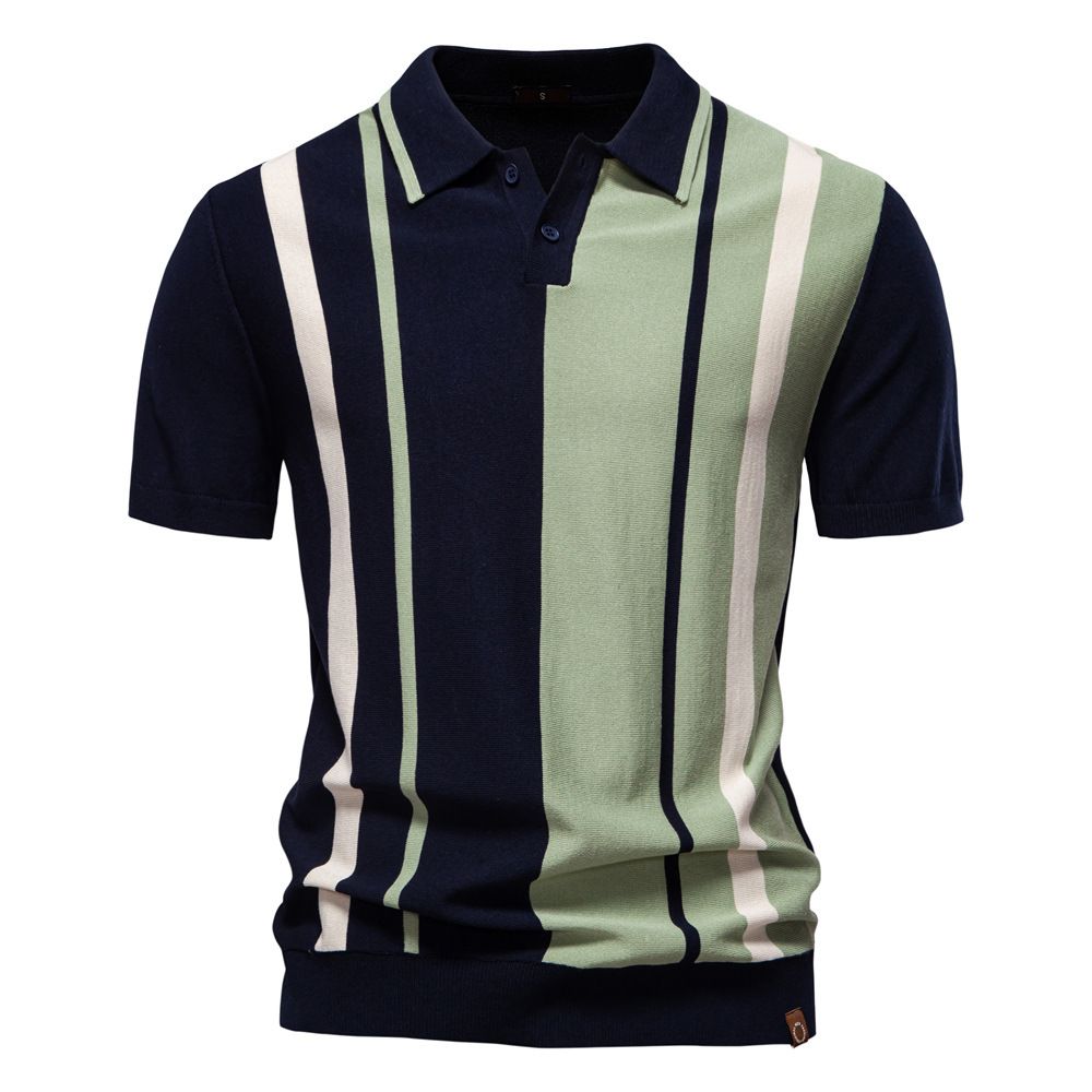 Summer new men's short sleeve T-shirt casual breathable wool striped color matching lapel POLO shirt suitable for daily leisure commuting business wear.