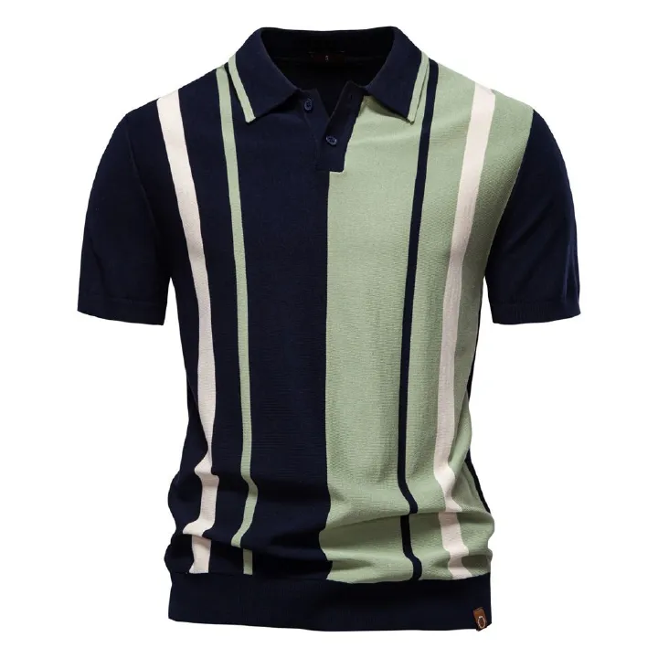 Summer new men's short sleeve T-shirt casual breathable wool striped color matching lapel POLO shirt suitable for daily leisure commuting business wear.