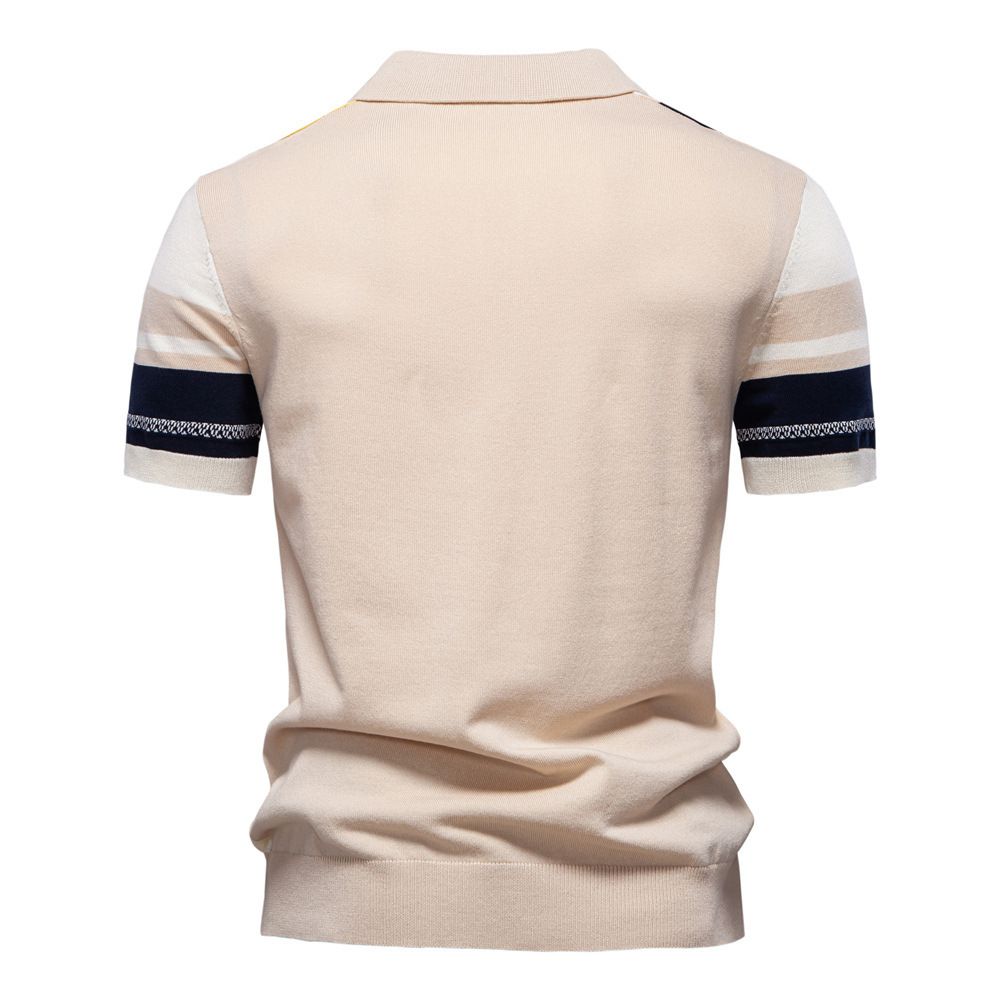 Summer new men's short sleeve T-shirt casual breathable wool striped color matching lapel POLO shirt suitable for daily leisure commuting business wear.